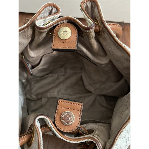 MICHAEL KORS Signature Canvas Leather Tasseled Ring Bucket Tote with BONUS - Picture 15 of 16